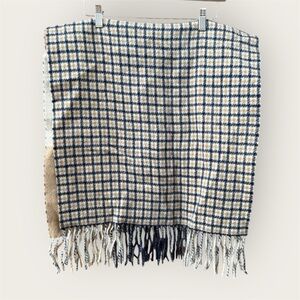 Club Monaco oversized Wool Scarf  Plaid Camel Blue Fringe Gingham Reversible